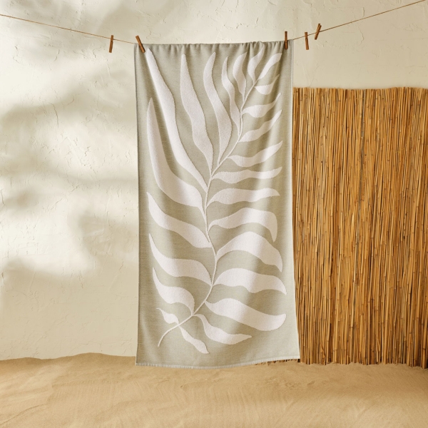 Leaf Cotton Beach Towel 75 x 150 cm - Green / Off White