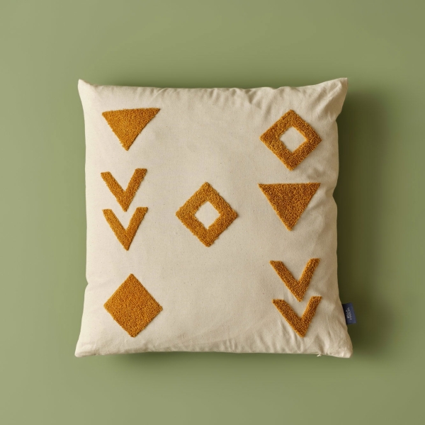 Hieroglyph Cotton Filled Cushion 45 x 45 cm - Mustard / Beige