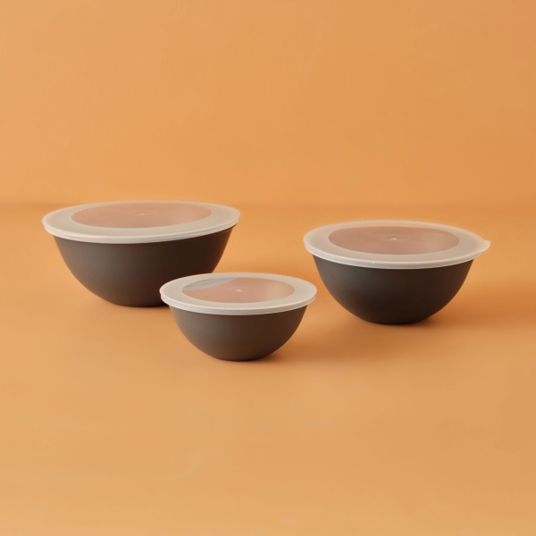 3 Pieces Grego Bowl Set with Lid 25.6 x 25.6 x 19.1 cm - Grey