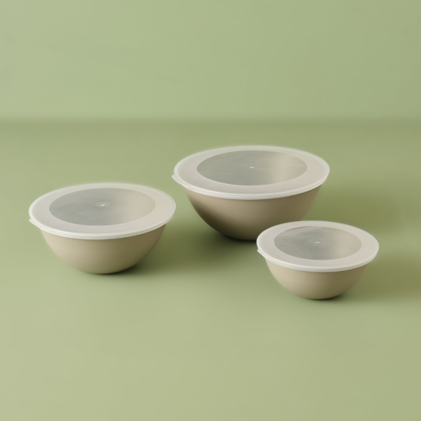 3 Pieces Grego Bowl Set with Lid 25.6 x 25.6 x 19.1 cm - Beige