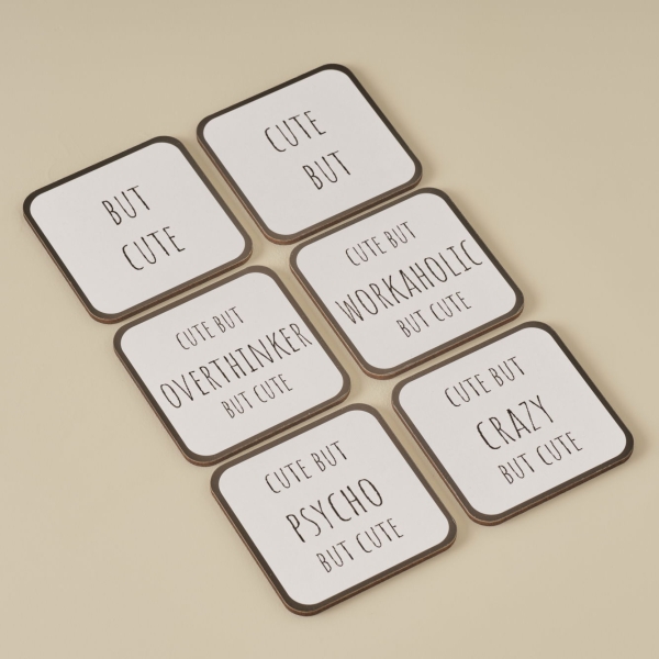 6 Pieces Cute MDF Coaster 10 x 10 cm - Black / White