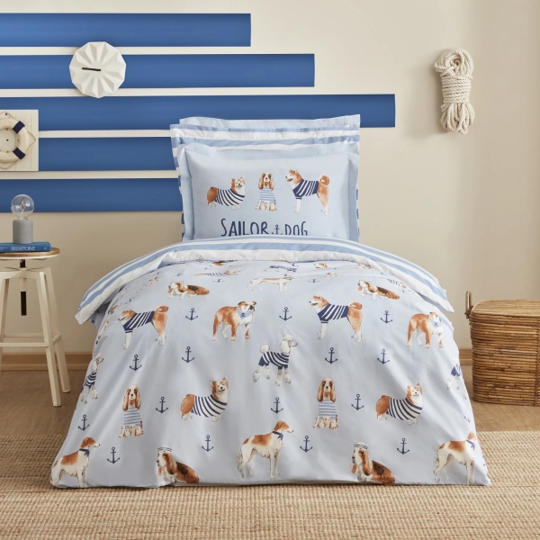 3 Piecees Young Sailor Dog Single Duvet Cover Set 160 x 220 cm - Blue / White