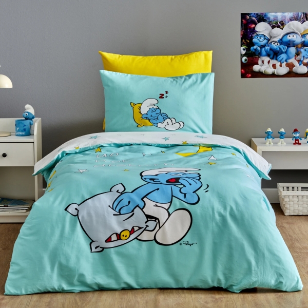 3 Pieces Smurfs Sleepy Smurf Cotton Single Duvet Cover Set 160 x 220 cm - Turquoise