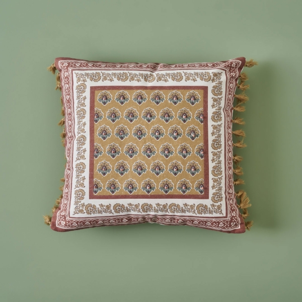 Indian Beauty Beaded Cotton Cushion Cover 43 x 43 cm - Claret Red / Mustard / White