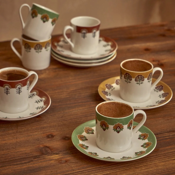 6 Pieces Indian Porcelain Coffee Cup Set 90 ml - Mustard / White / Claret Red / Green