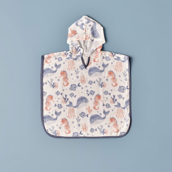 Marine Printed Muslin Poncho 60 x 60 cm - Salmon / Blue / White