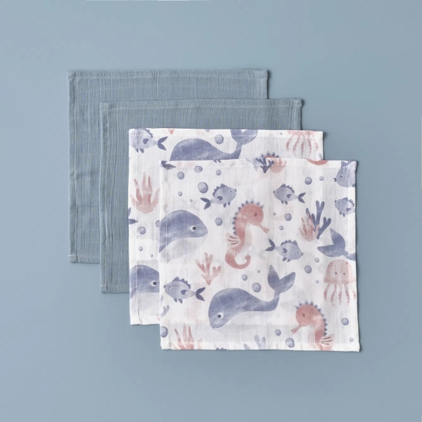 4 Pieces Marine Mouth Wiping Cloth Set 30 x 30 cm - White / Blue / Salmon