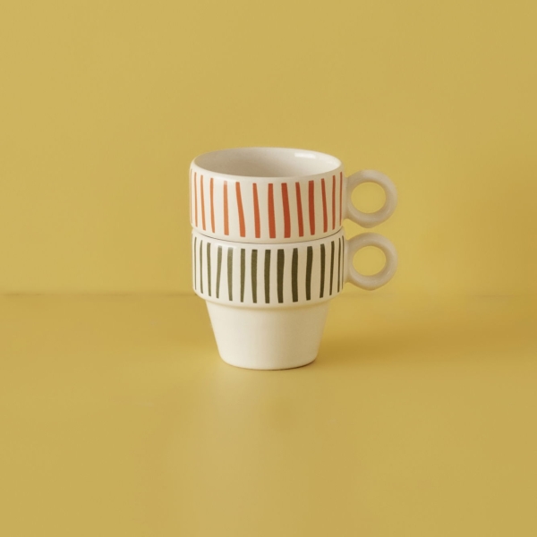 2 Pieces Stripe Espresso Ceramic Coffee Cups Set 105 ml - White / Red