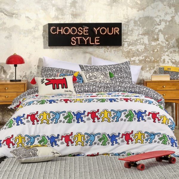 2 Pieces Ranforce Keith Haring Cotton Single Duvet Cover Set 160 x 220 cm - Red / Yellow / White / Blue