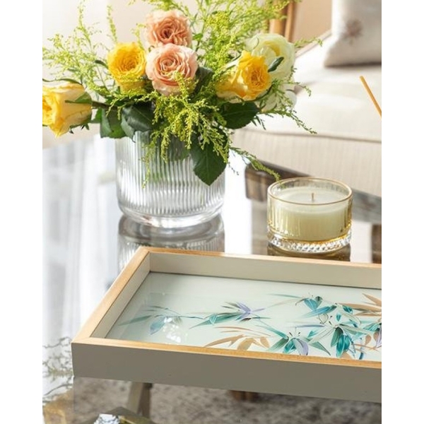 Bamboo Glass Decorative Tray 22x37 cm Cream-Gold