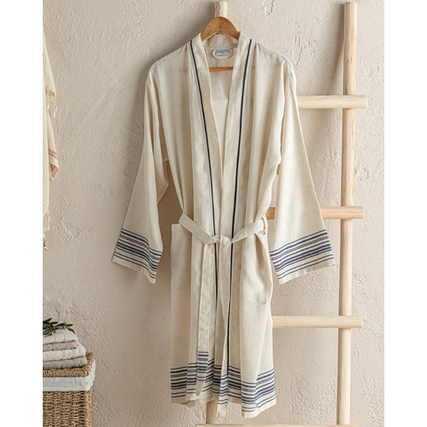 Lola Cotton & Linen Peshtemal Robe S-M Beige - Dark Blue