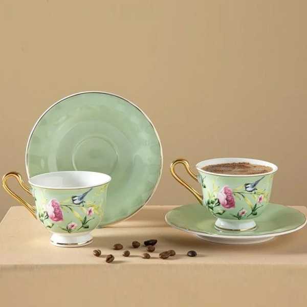 Vanilla New Bone China 4 Pieces 2 Servings Coffee Cup Set 90 ml Light Green