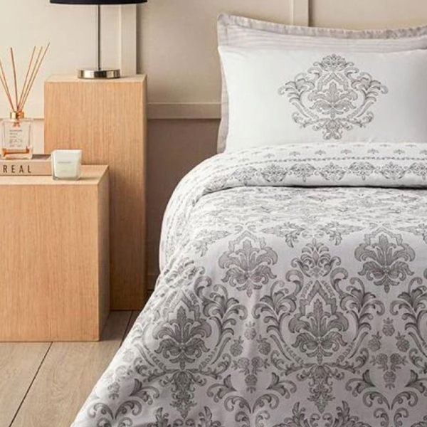 Elegant Crown Cotton Satin King Size Duvet Cover Set 240x220 cm Sılver
