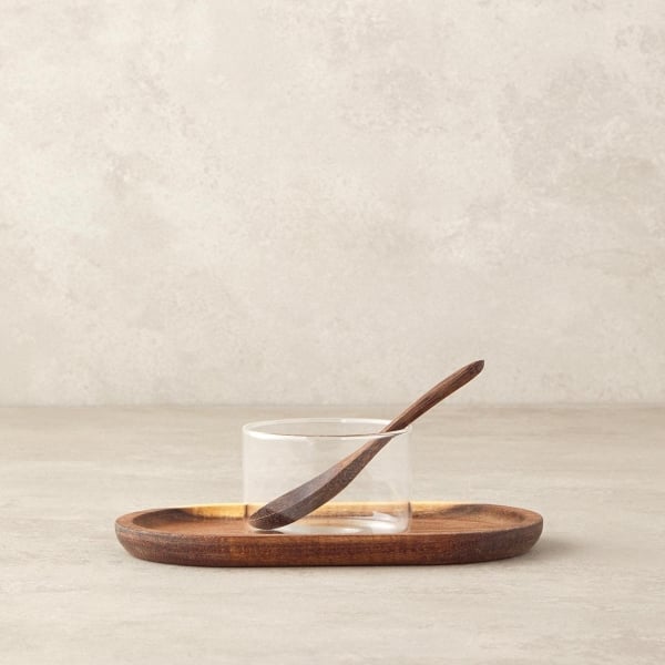 Wooden Glass With Wooden Stand and Spoon Presenter 20 cm Brown
