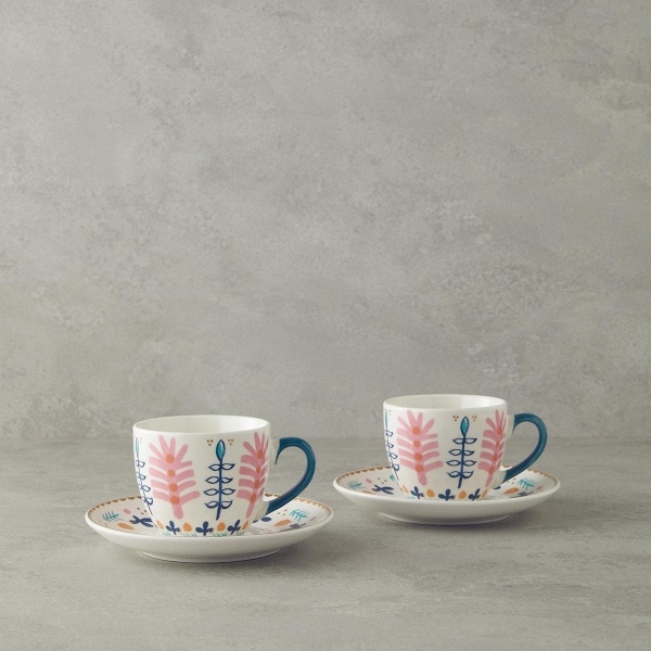 Love Adore New Bone China 4 Pieces 2 Servings Tea Cup Set 200 ml Pink - Blue