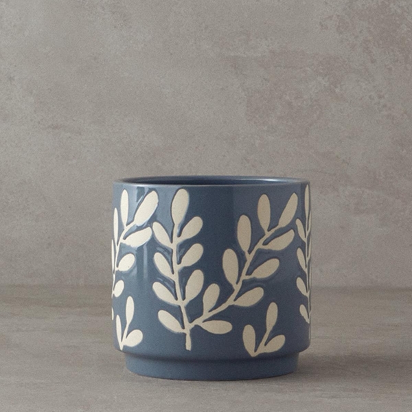 Leafy Stoneware Flower Pot Blue