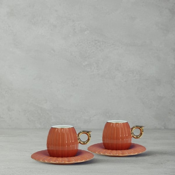 Polka New Bone China 4 Pieces 2 Servings Coffee Cup Set 90 ml Terracotta