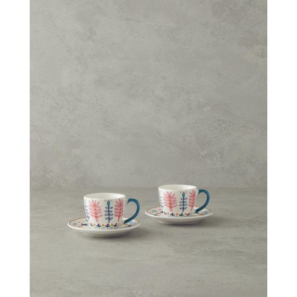 Love Adore New Bone China Coffee Cup Set 4 Pieces for 2 People 90 ml Pink - Blue