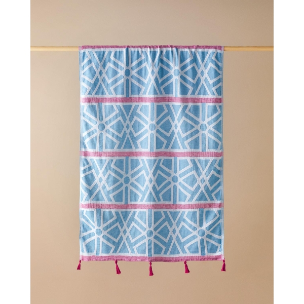 Zigzag Cotton Fringed Bath Wrap 90x150 cm Blue - Fuchsia