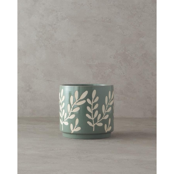 Leafy Stoneware Flower Pot 16x16x15 cm Green