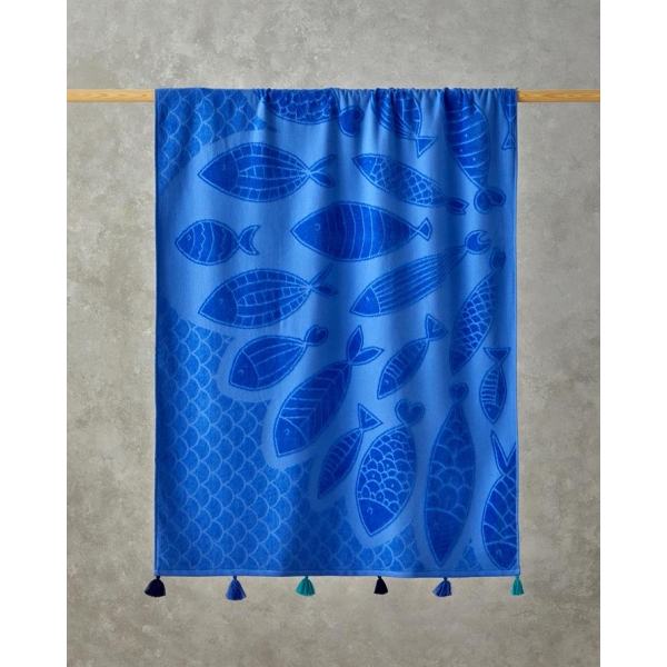 Blue Fish Cotton Velvet Jacquard Beach Towel 90x150 cm Blue