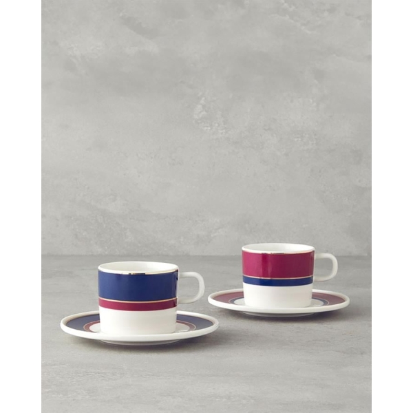 Carny Bone Porcelain Teacup Set 4 Pieces For 2 Persons 200 ml Fuchsia-Navy Blue