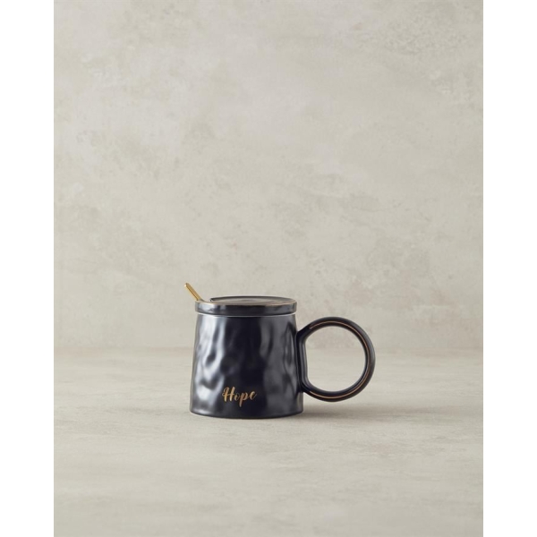 Mantra New Bone China Mug With Lid And Spoon 350 ml Black