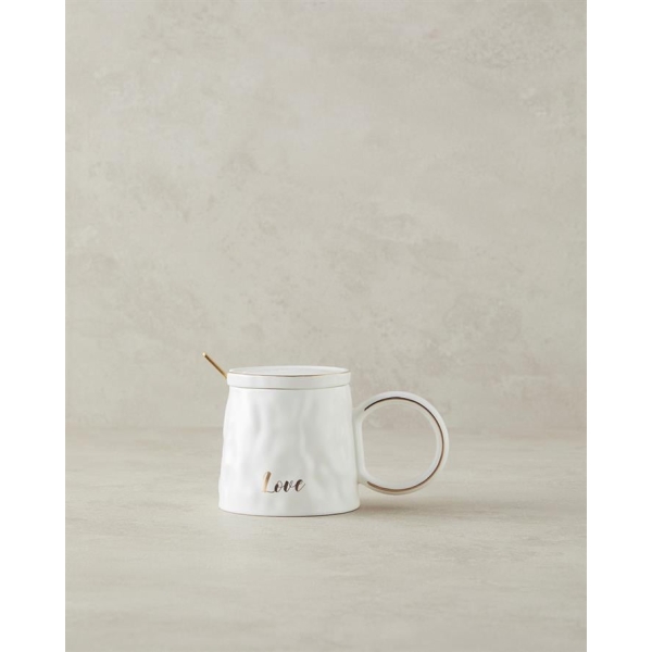 Mantra New Bone China Mug With Lid And Spoon 350 ml White