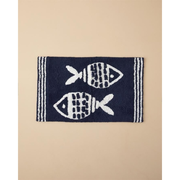 Fishbone Cotton Bath Mat 50x80 cm Navy Blue-White