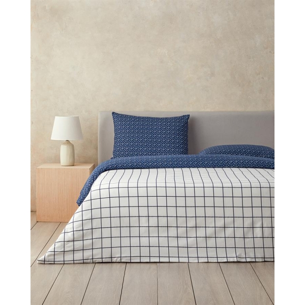 Border Check Double Duvet Cover Set 200x220 cm Navy Blue