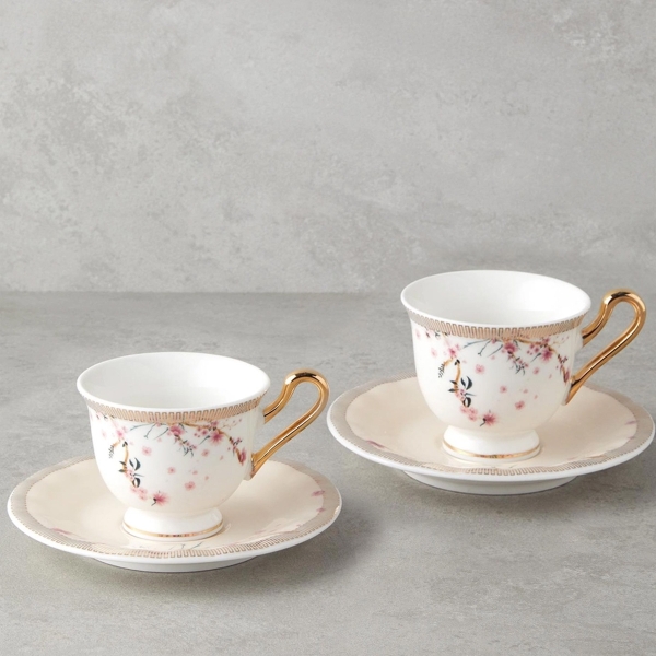 Sakura Dream New Bone China 4 Pieces 2 Servings Tea Cup Set 220 ml Pink