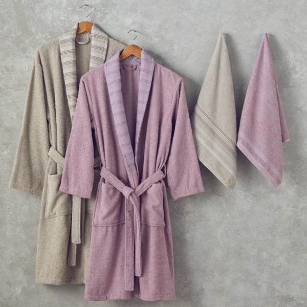 Wolin Cotton Polyester Bordered Bathrobe Set S-M & L-XL Pink-Anthracite