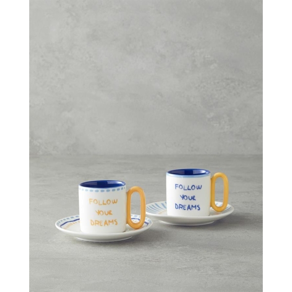 Jolly Waves New Bone China Coffee Cup Set 4 Pieces for 2 Person 100 ml Yellow - Blue