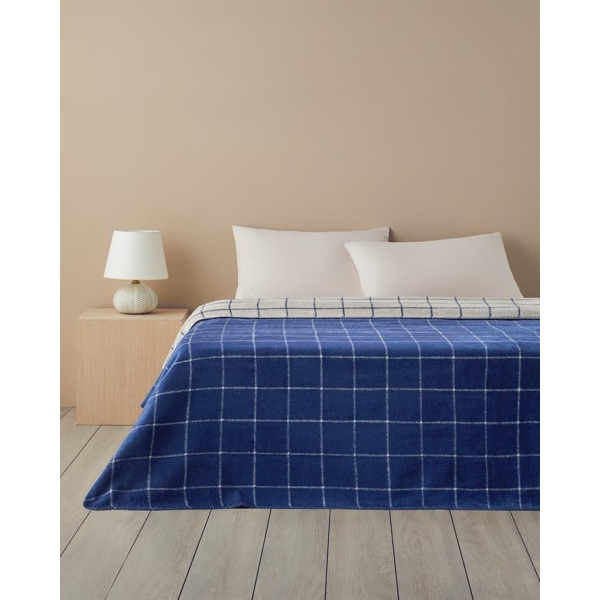 Plain Check Cotton Double Blanket 200x220 cm Navy Blue - Cream