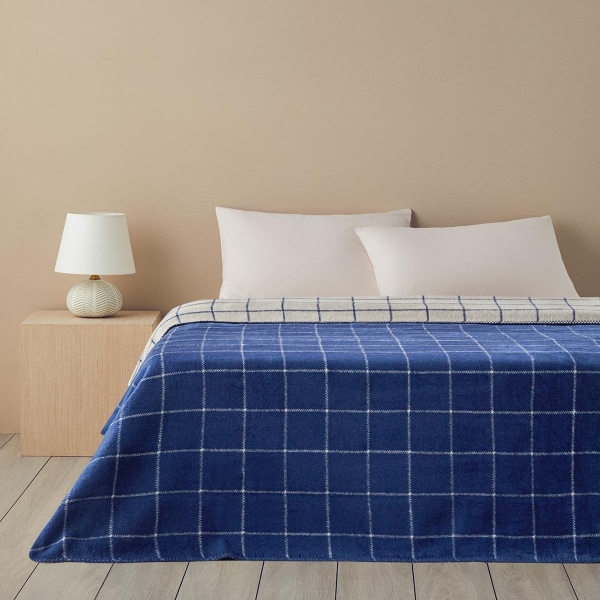 Plain Check Cotton Single Blanket 150x200 cm Navy Blue - Cream