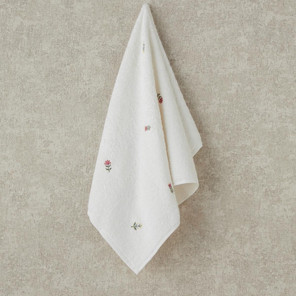 Allover Flower Cotton Embroidered Face Towel 50x80 cm Ecru