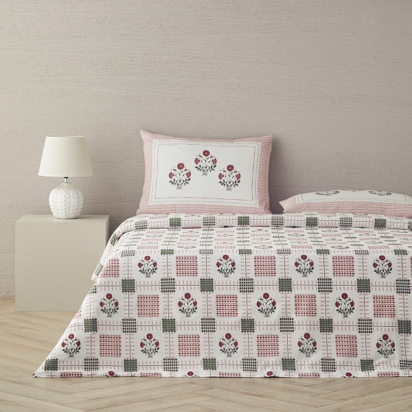 Floral Grid Cotton Double Duvet Cover Set 200x220 cm Dusty Rose