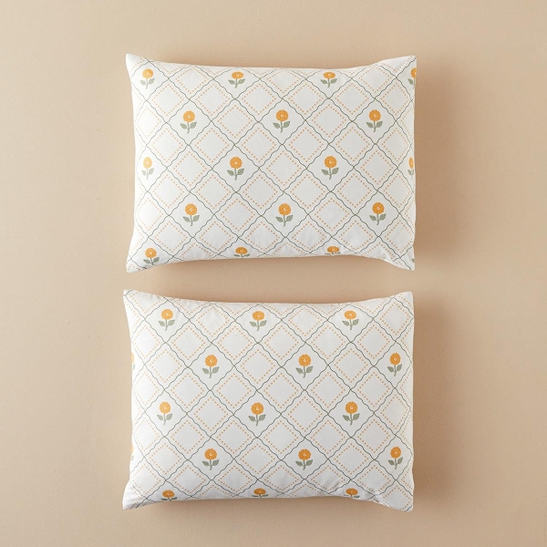 Ornament Blossom Cotton 2-Piece Pillow Case 50x70 cm Green-Yellow