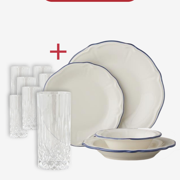 24 Pieces Porcelain Dinner Set With 6 Pieces 300 ml Crystal Glass Cups