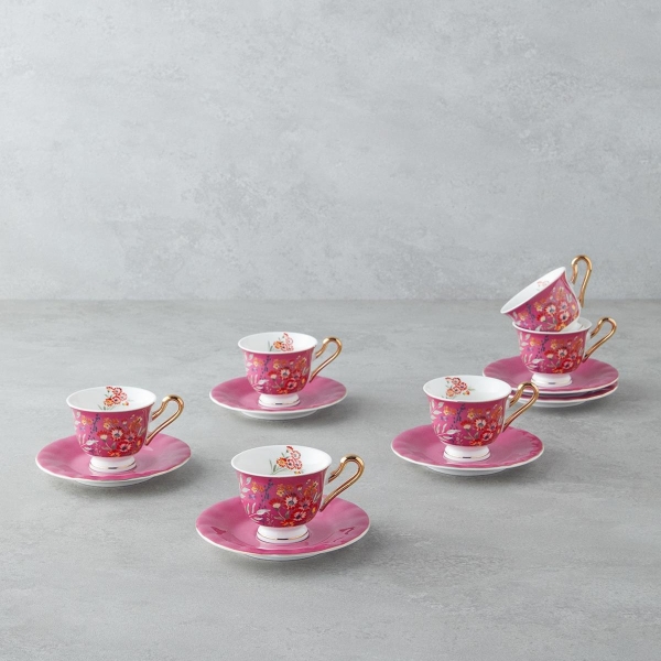 Miranda Garden New Bone China 12 Piece Coffee Cup Set for 6 People 90 ml Pink