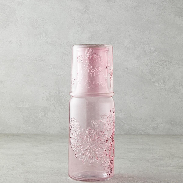 Flowery Glass Bedside Pitcher 1200 ml + 400 ml Pink