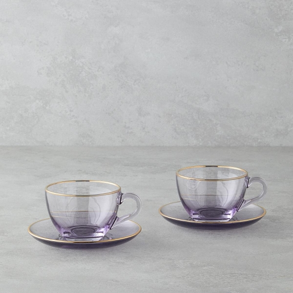 Blaze Glass 4 Piece Tea Cup Set for 2 People 240 ml Purple