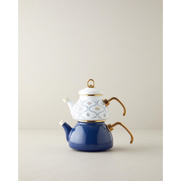 Ornate Retro Enamel Mini Teapot 0.50 lt + 1.1 lt Blue