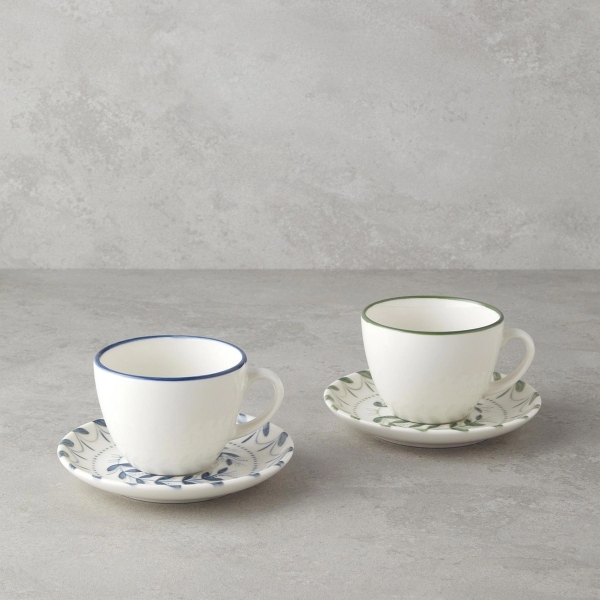 Petally Bone Porcelain 4 Piece Teacup Set for 2 People 220 ml Blue-green