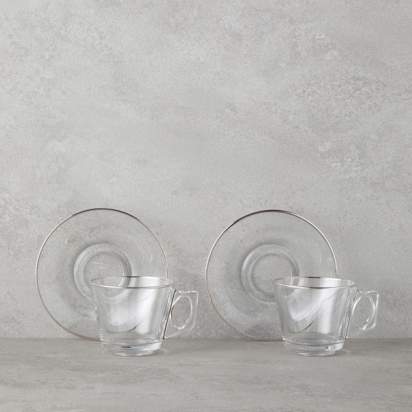 Aria Glass 4 Piece Tea Cup Set for 2 People 195 ml Silver