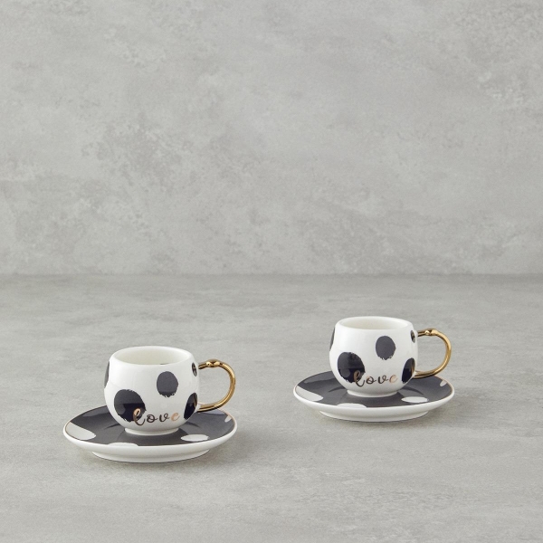 Spotty Porcelain 4 Piece Coffee Cup Set for 2 People 85 ml Black - White